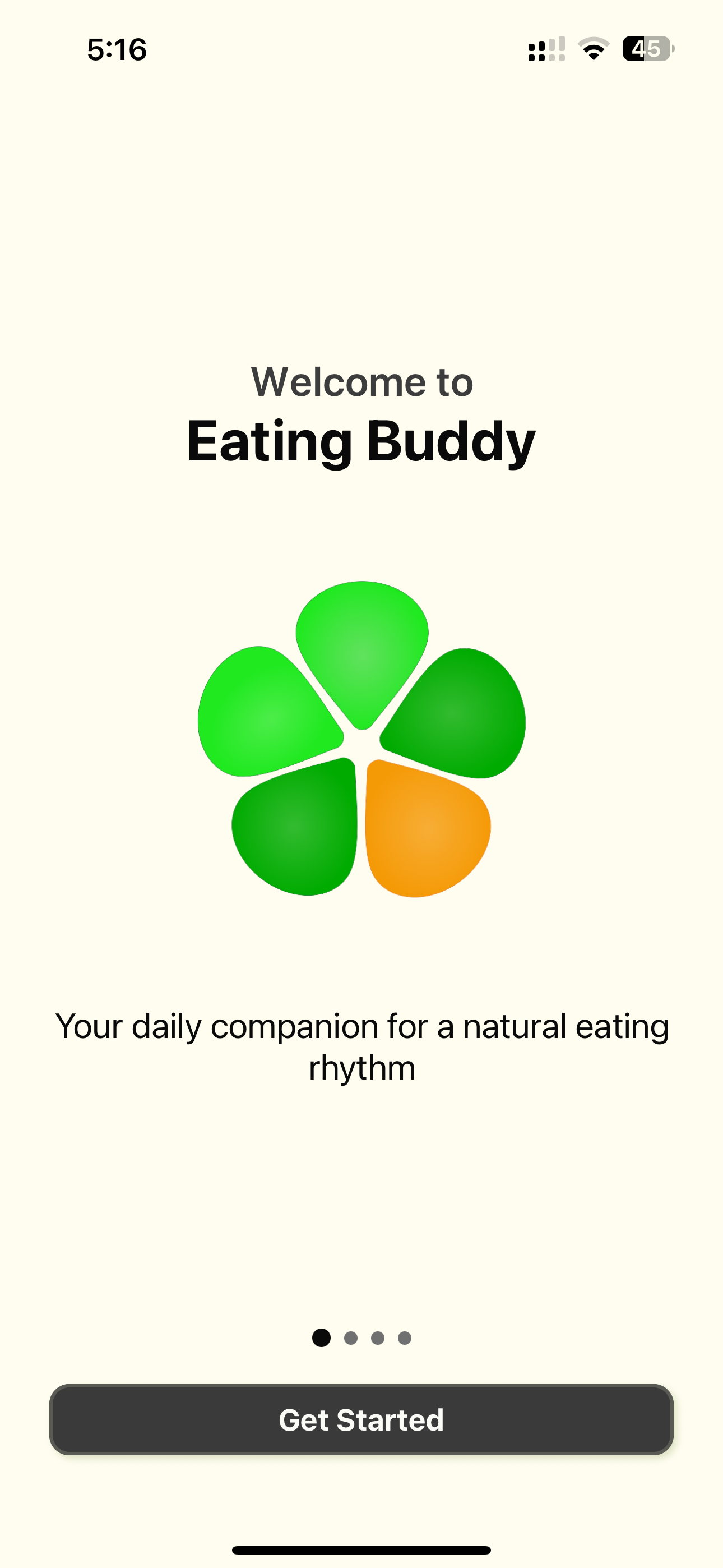 Eating Buddy welcome screen with natural eating rhythm tagline and get started call to action