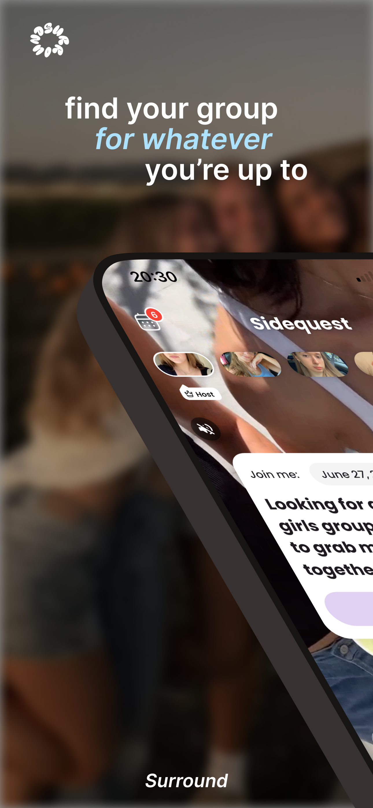 Surround welcome screen showing find your group messaging and sidequest activity cards